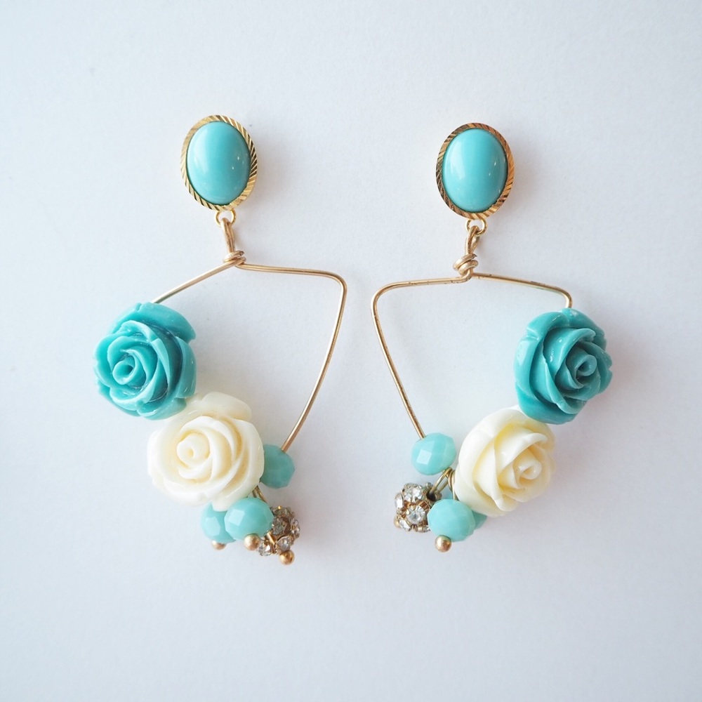 Rose Floral Bead Dangle Gold Earrings